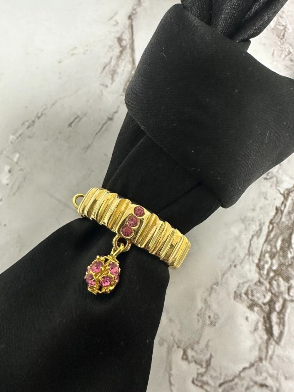 Men Metal Tie Ring Gold Tone Pink Rhinestone Dangle Ball Neckties Holder Clip
